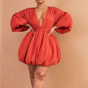 Rust Puff Sleeve Puffball Hem Dress